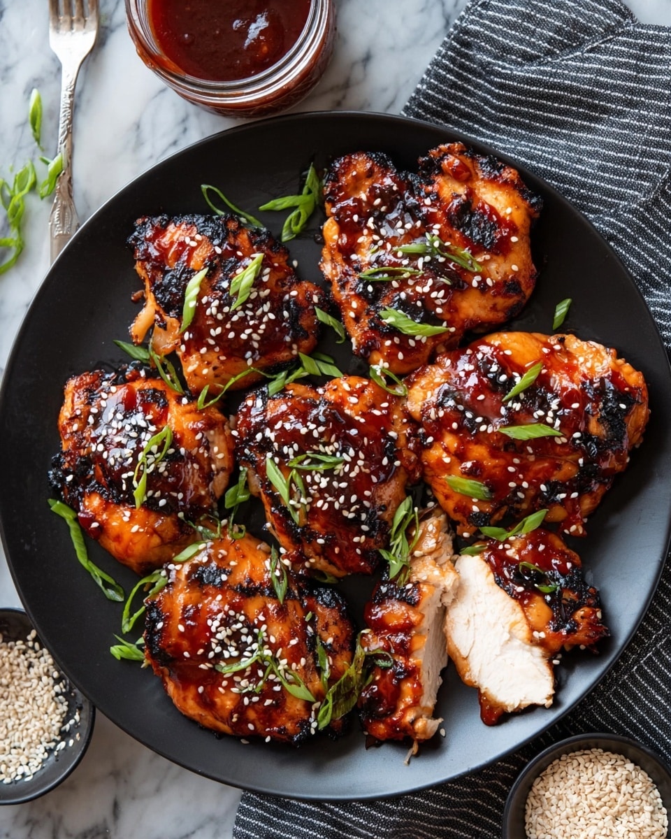 The dish shows four pieces of grilled chicken with a shiny reddish-brown glaze, placed in a row on top of a bed of white rice. The chicken skin looks slightly charred and sticky, with small black and white sesame seeds sprinkled over it and small green onion slices adding a touch of color. On the left side, there are six slices of fresh cucumber arranged neatly along the edge of the white bowl. The background is a white marbled texture. Photo taken with an iphone --ar 4:5 --v 7