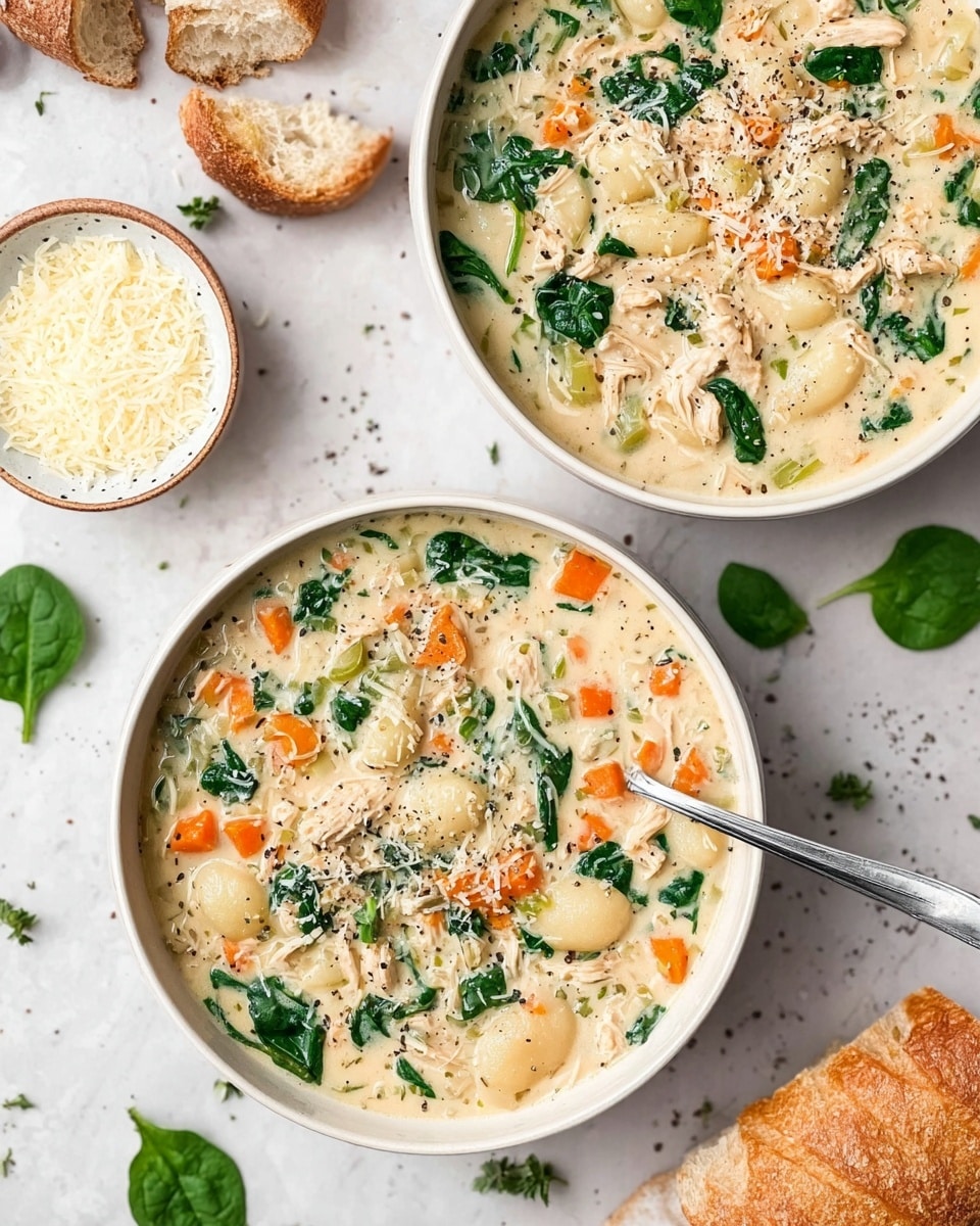 Two white bowls filled with creamy chicken soup showing visible layers of diced orange carrots, green spinach leaves, white gnocchi-like pasta, and shredded light brown chicken in a thick, pale creamy broth, sprinkled with grated cheese and black pepper on top. A silver spoon rests inside the bottom bowl, while pieces of torn bread and a small white bowl of grated cheese sit on a white marbled surface, scattered with small green herb leaves. photo taken with an iphone --ar 4:5 --v 7