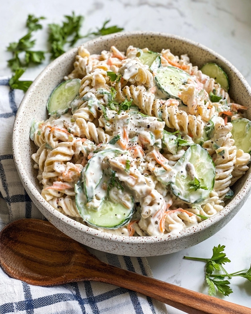 A white speckled bowl filled with creamy pasta salad sits on a white marbled surface. The dish has three main layers: a base of light beige spiral rotini pasta, mixed with thin green slices of cucumber layered throughout. On top, a creamy white dressing coats the pasta and cucumber, with visible small bits of orange carrot and green herbs mixed in. Fresh green parsley pieces are scattered on the surface, adding a pop of color, and the salad is finished with a light sprinkle of black pepper. A wooden spoon rests beside the bowl on a striped cloth. Photo taken with an iphone --ar 4:5 --v 7