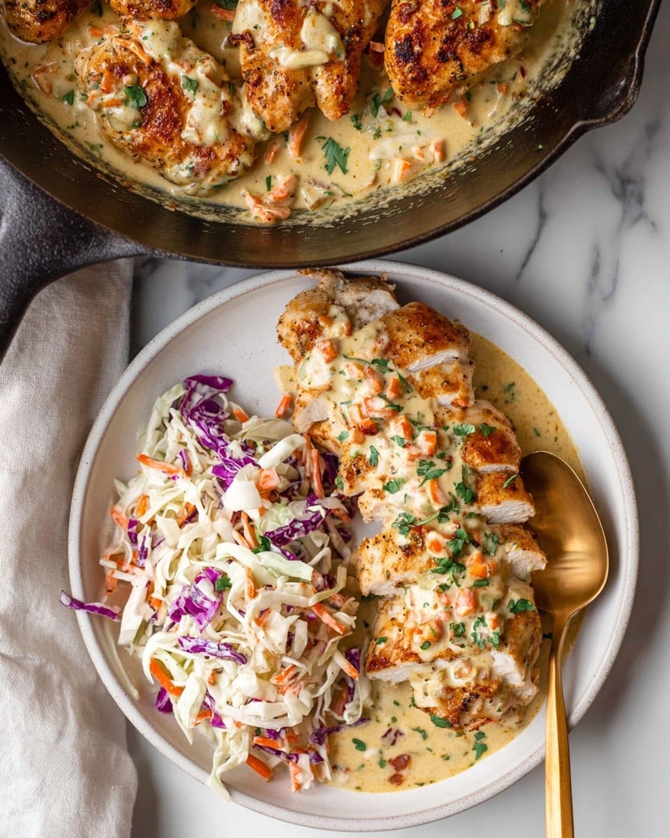 A black cast iron pan holds four large pieces of chicken breast covered with a creamy, light orange sauce with bits of herbs and spices visible throughout. The chicken has a golden-brown crust with melted cheese on top, giving a slightly bubbly and textured look. The creamy sauce surrounds the chicken evenly, filling the pan almost to the edges. A white and blue striped towel is under the pan's right side, and the pan sits on a white marbled surface. A woman's hand holds the pan's handle. Photo taken with an iphone --ar 4:5 --v 7