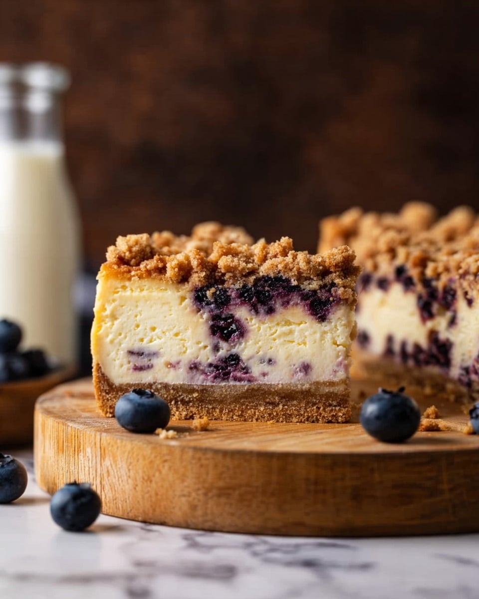 A close-up of a three-layer cheesecake on a round wooden board, the bottom layer is a dense, light brown crust. The middle layer is thick, creamy, and pale yellow with a smooth texture. The top layer is a crumbly streusel mix with a golden brown color, sprinkled with dark purple blueberry spots and crumbs. There are a few whole blueberries placed around the cake on the board. In the background, there is a bottle filled with milk, and the whole scene is set on a white marbled surface, with a blurred dark brown background. Photo taken with an iphone --ar 4:5 --v 7
