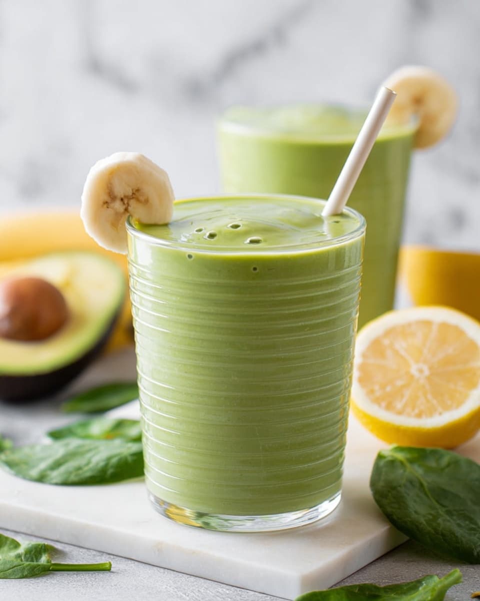 The image shows a clear blender container with layers of ingredients inside. At the bottom, there are fresh green spinach leaves that give a leafy texture. On top of the spinach, there are three round slices of light yellow banana placed close together in the center right. Next to the banana slices, on the right side, there is a whole bright green lime. In the middle of the banana slices, there is a dollop of smooth, light brown peanut butter. The blender is placed on a flat surface with a white marbled texture. photo taken with an iphone --ar 4:5 --v 7