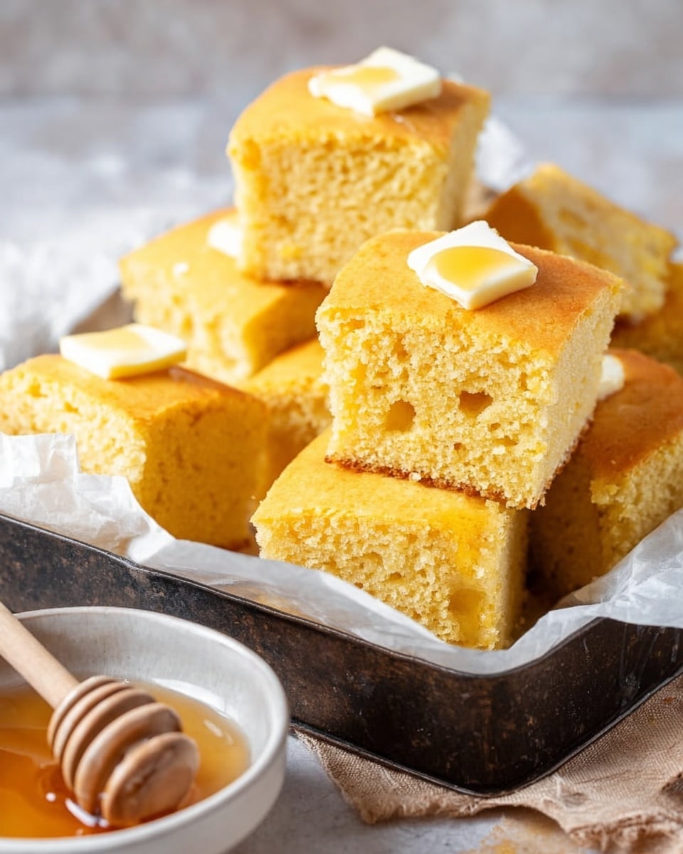 A tray of golden-brown cornbread cubes is arranged closely on white parchment paper inside a rustic metal pan. Each cube is thick and fluffy, showing a slightly spongy texture with small holes. On the top surface of the centered cube, there is a small square of light yellow butter melting gently, while golden honey is drizzling down from a wooden honey dipper above, adding a shiny layer to the cornbread. The background is a white marbled texture, and a small white bowl with honey is partially visible in the foreground. photo taken with an iphone --ar 4:5 --v 7