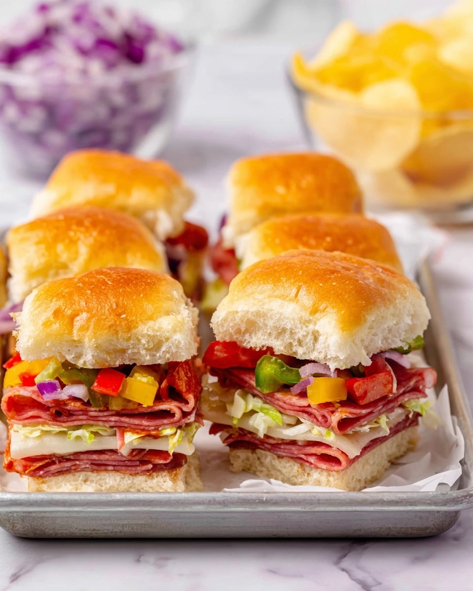 A white plate holds six small sandwich pieces arranged in a pyramid shape on a red and white checkered cloth over a woven placemat. Each sandwich is made with a golden brown bun sprinkled lightly with black pepper and coarse salt. Inside each sandwich, there are several thin layers of sliced deli meats in shades of red and pink, topped with shredded pale yellow lettuce, thin slices of pale yellow pepperoncini, diced red tomatoes, and bits of purple onion. In the background, a white bowl filled with light golden potato chips and a small clear bowl of yellow pickles can be seen. There are also small clear bowls with diced red tomatoes and chopped purple onions placed around. The setting is on a white marbled surface. photo taken with an iphone --ar 4:5 --v 7