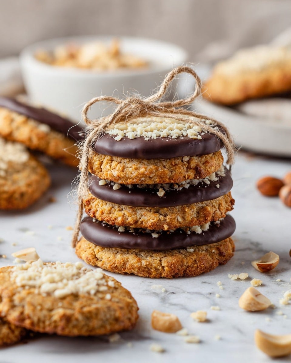 A white plate piled with round, golden brown cookies, each cookie half-covered in smooth, dark chocolate and sprinkled with crushed light tan peanuts on the chocolate side, showing a crunchy texture on the plain cookie half; the plate is set on a white marbled surface scattered with whole peanuts and bits of crushed peanuts around it, with another similar plate tied with twine visible in the background, soft natural light highlighting the gloss of the chocolate and the crumbly texture of the cookies photo taken with an iphone --ar 4:5 --v 7