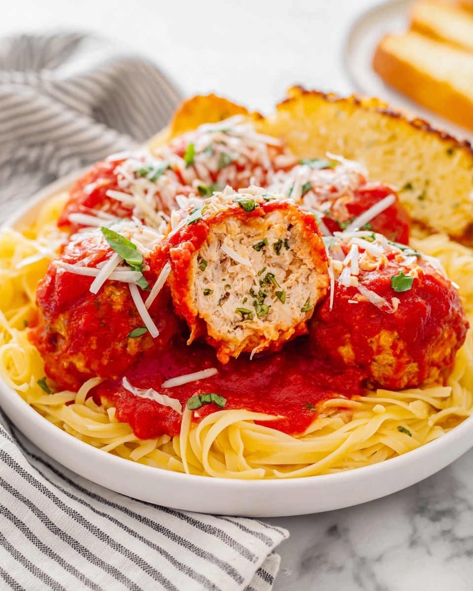 A white pan filled with seven meatballs covered in rich red tomato sauce, each meatball topped with a sprinkling of shredded white cheese and small green basil leaves. The tomato sauce has a thick, chunky texture and spreads evenly around the meatballs. Surrounding the pan, on a white marbled surface, are various small white dishes including uncooked yellow spaghetti, grated cheese with a grater, a small jug of yellow olive oil, finely ground white breadcrumbs, and a small bowl of crushed red pepper flakes with a wooden scoop. There is also a can of tomato sauce, and two wooden salt and pepper shakers nearby. A striped kitchen towel with a white and metallic spatula rests next to the pan. photo taken with an iphone --ar 4:5 --v 7