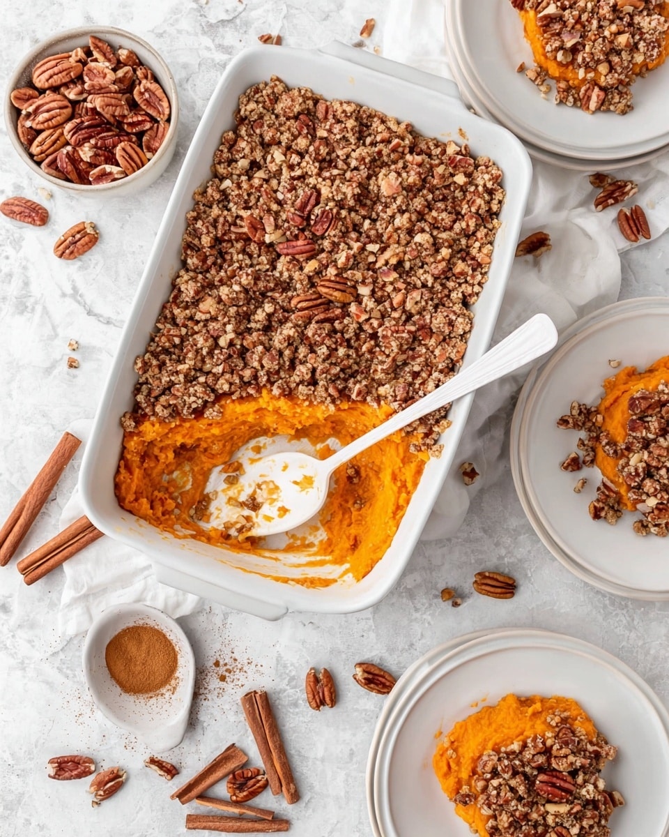 A baked dessert sits in a white rectangular ceramic dish with handles, topped with a crumbly layer full of brown chunks and dark pecans scattered throughout, mixed with a sprinkling of white flakes that look like flaky salt. The dish is placed on a white marbled surface. Near it, a small white bowl holds cinnamon powder with a silver spoon resting inside. Another small white bowl is filled with whole pecans. Several cinnamon sticks and scattered pecans and crumbs surround the dish, adding a rustic touch. photo taken with an iphone --ar 4:5 --v 7