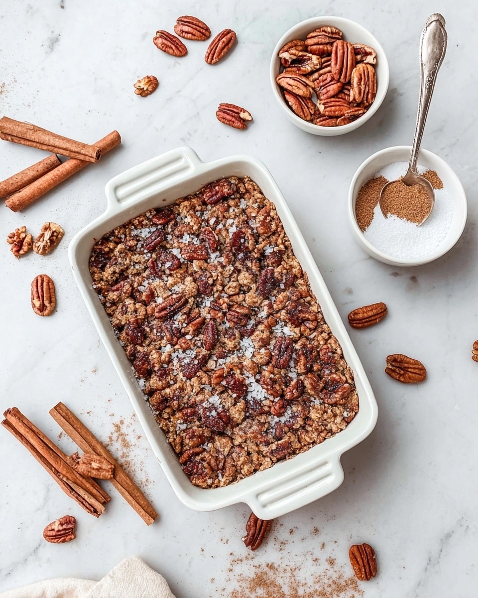 A white rectangular baking dish filled with two layers: the bottom layer is smooth, bright orange sweet potato mash, and the top layer is a crumbly mixture of pecans and brown streusel, giving a rough texture with visible whole pecans scattered on top. A white spoon rests inside the dish, scooping out part of the sweet potatoes. Around the dish, there are white plates with servings of the sweet potato casserole showing the same two layers, a small white bowl filled with whole pecans, and another small white bowl with ground cinnamon and a spoon. Cinnamon sticks and loose pecans are scattered on a white marbled surface beneath everything. Photo taken with an iphone --ar 4:5 --v 7