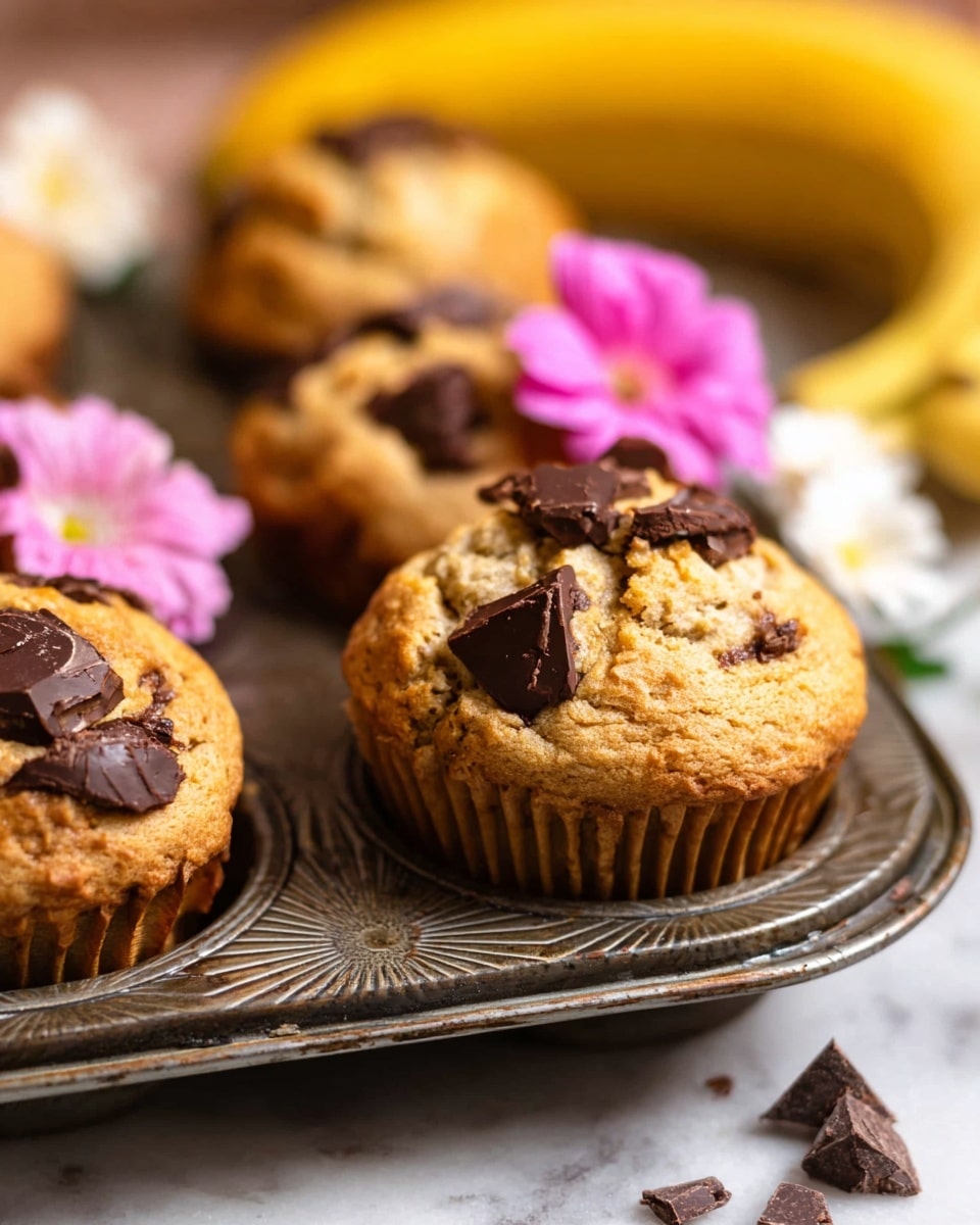 The image shows several golden-brown muffins with uneven tops dotted with dark chocolate chunks, giving a rough texture to the muffin surface. The muffins sit in dark brown liners that tightly hug their bases. They are arranged on a black metal cooling rack, placed on a white marbled surface. Two soft pink flowers lie around the muffins, adding a delicate touch of color. The focus is primarily on the central muffin, with the others softly blurred in the background. photo taken with an iphone --ar 4:5 --v 7