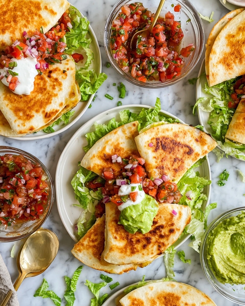 The image shows several white plates on a white marbled surface, each filled with three golden brown quesadillas that are cut in half and folded over. The quesadillas have a slightly crispy texture and are placed on a bed of chopped green lettuce. Some are topped with a bright red and green tomato salsa mixed with bits of purple onion, and a dollop of green guacamole or white sour cream. Nearby, there is a clear glass bowl filled with chunky red and green tomato salsa with a gold spoon inside, and another clear bowl filled with chunky green guacamole. The overall scene is bright and fresh, with scattered lettuce leaves adding a natural touch. photo taken with an iphone --ar 4:5 --v 7