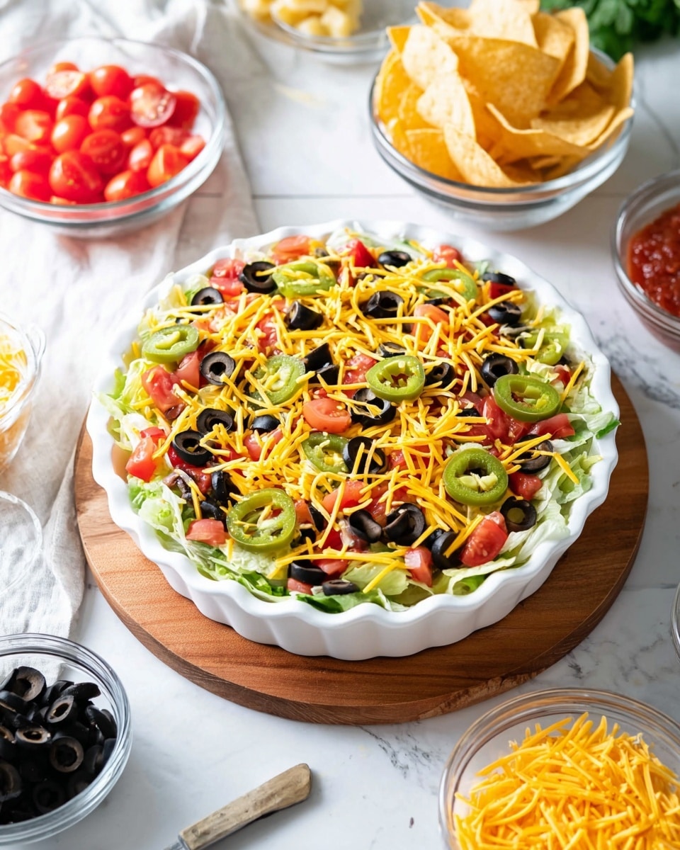 A close-up of a layered dip in a white dish, showing several colorful layers: a creamy white base at the bottom, topped with red diced tomatoes, green lettuce, sliced green jalapeños, black olive slices, and a generous layer of shredded yellow cheddar cheese covering the top. A woman's hand is holding a lightly salted yellow nacho chip scooping up some of the creamy dip, tomatoes, lettuce, and black olive slice. The white marbled surface is visible in the background. photo taken with an iphone --ar 4:5 --v 7