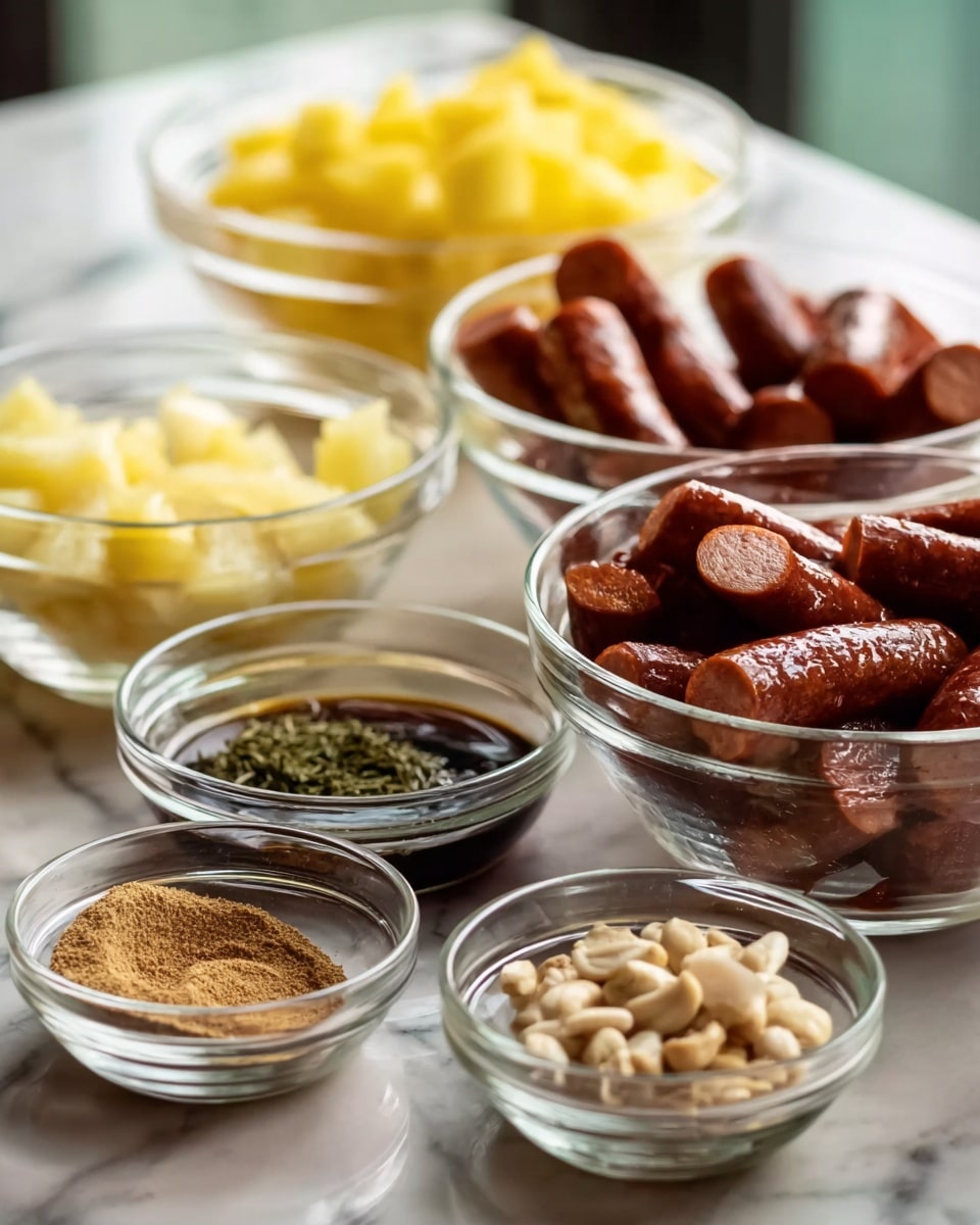 A close-up of a white bowl filled with glossy, caramelized sausage pieces in rich, dark brown glaze mixed with bright yellow pineapple chunks. The sausages have a slightly charred texture with a shiny surface, and the pineapple pieces add a juicy contrast. Small bits of finely chopped green herbs are sprinkled on top, adding a fresh touch. The bowl sits on a white marbled surface with a soft warm light in the background, giving the dish a warm and inviting look. photo taken with an iphone --ar 4:5 --v 7