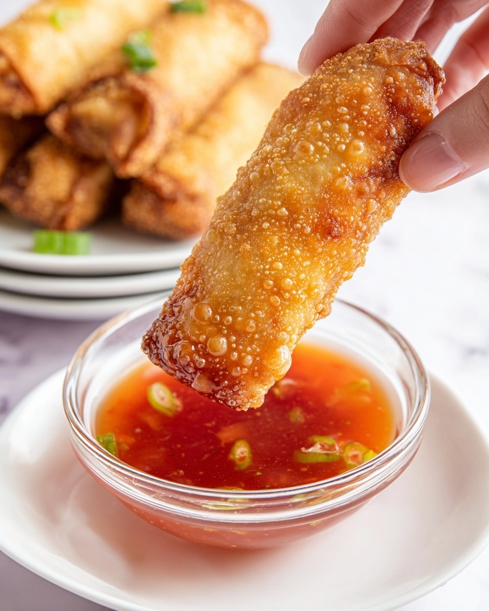 A white oval plate is filled with golden brown fried egg rolls that have a crispy, bubbly texture on their surface, arranged casually with some overlapping. Two egg rolls are cut open, showing a colorful filling of shredded cabbage, orange carrot strips, and bits of white and light brown ingredients inside. Bright green chopped scallions are sprinkled on the egg rolls and plate, adding a fresh contrast. At the top right corner of the plate, there is a small, clear square dish filled with red sauce. The plate is set on a white marbled surface. Photo taken with an iphone --ar 4:5 --v 7