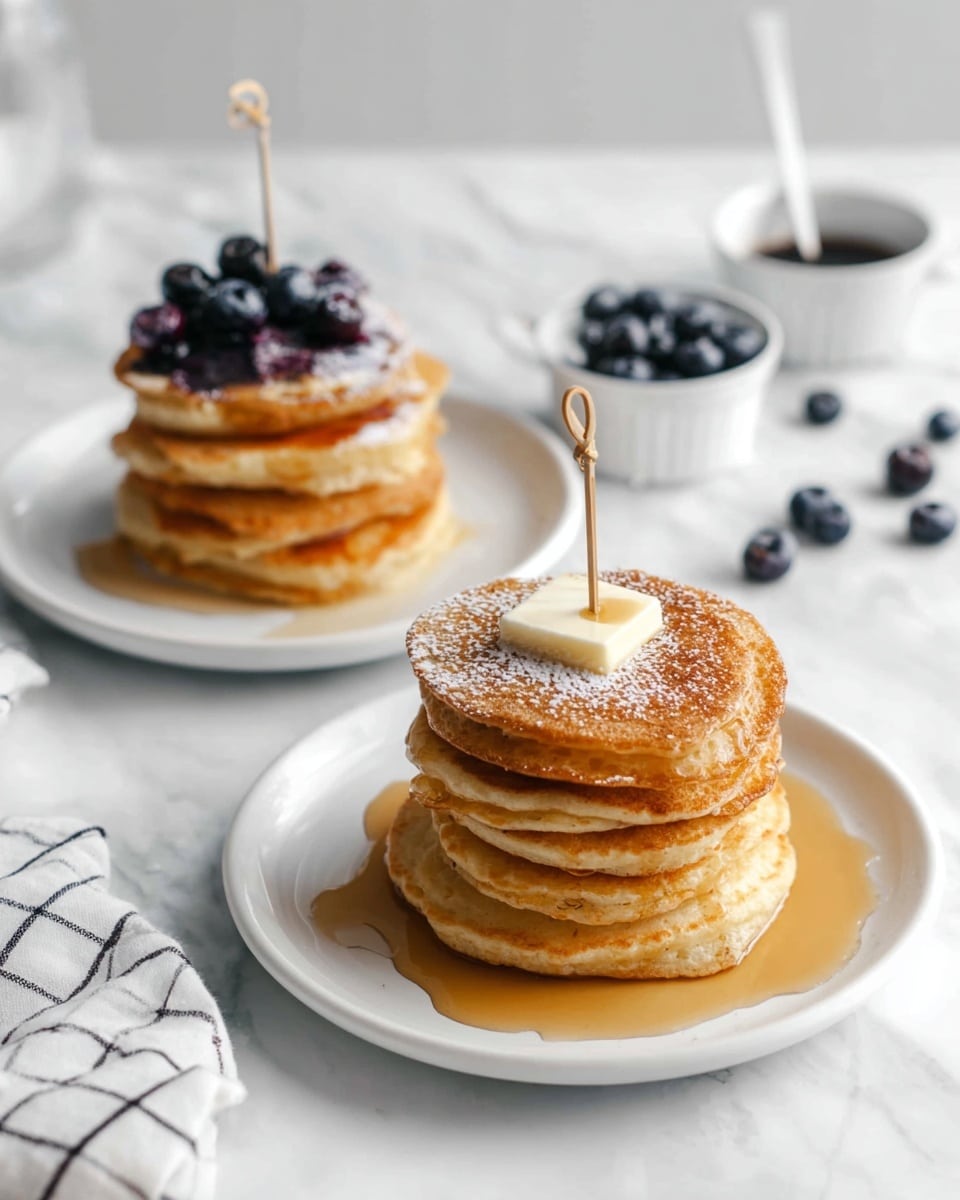 A stack of four golden brown pancakes sits in the center of a white plate, each pancake fluffy with a slightly crispy edge. On top of the stack is a small square of melting butter, soft and white-yellow in color. Amber syrup is being poured down from a white pitcher, dripping slowly onto the stack and running down the sides, adding a shiny glaze. The plate is placed on a white marbled surface with a white cloth and a few blueberries scattered nearby. The background is soft and bright with white kitchen items slightly blurred. photo taken with an iphone --ar 4:5 --v 7