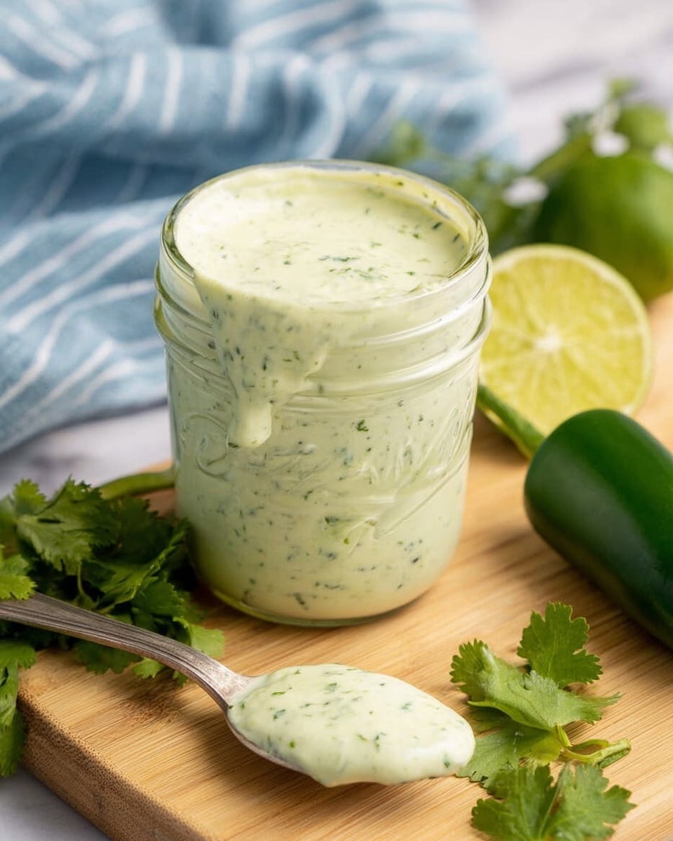 A small clear glass jar is filled to the top with a creamy, pale green sauce speckled with small dark green bits, showing a smooth and thick texture. The jar sits on a round wooden slice with bark edges, surrounded by fresh green jalapeños and bright green cilantro leaves, with a lime wedge cut in half resting in the front foreground. The background features a soft blue cloth with white stripes and a white marbled surface underneath, creating a fresh and natural setting. Photo taken with an iphone --ar 4:5 --v 7