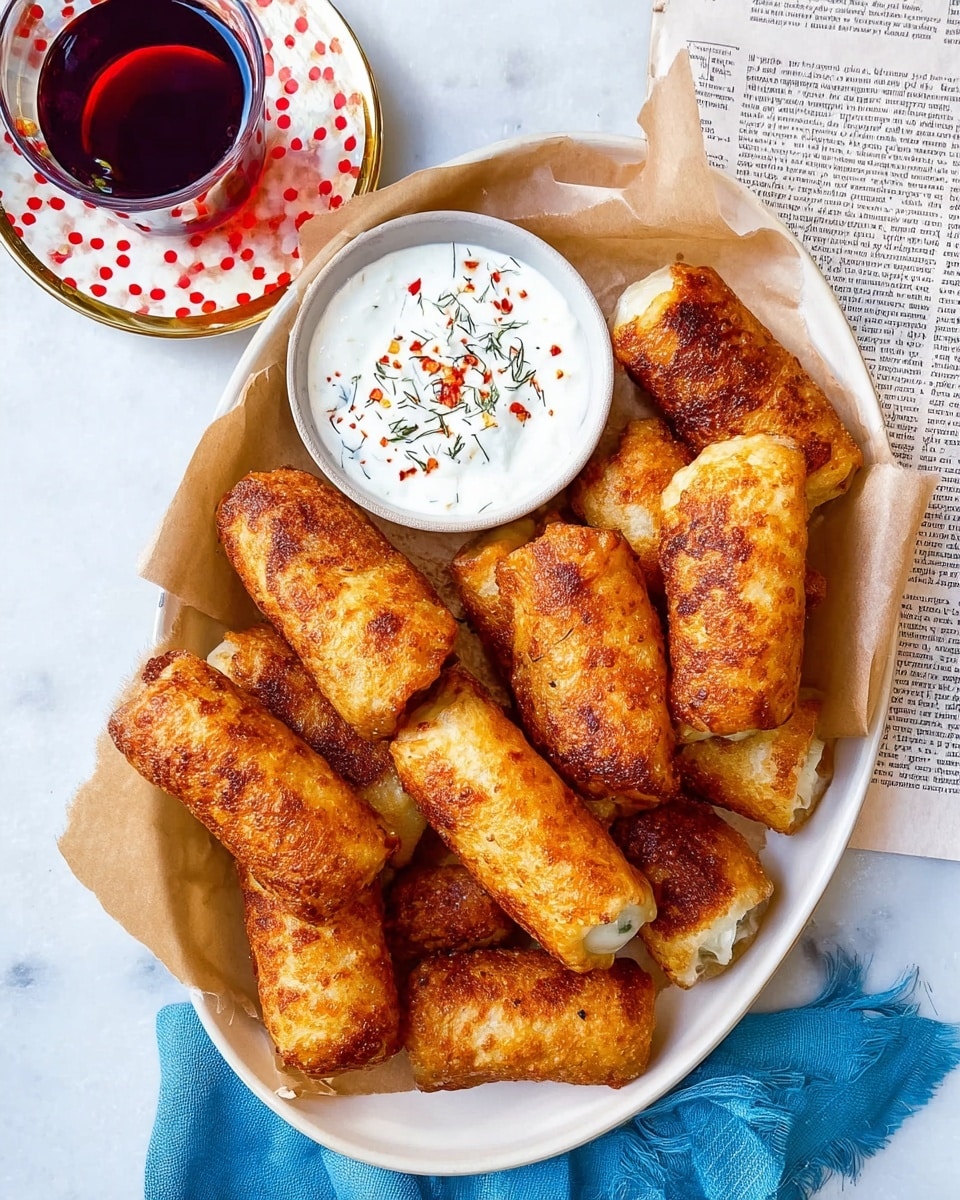 A white oval plate holds about twelve golden-brown fried rolls, some with darker crisp spots showing a crunchy texture, arranged close together on a piece of brown parchment paper. At the top center of the plate, there is a small white bowl filled with thick white sauce sprinkled with red pepper flakes and dried herbs. To the upper right of the plate is a small glass of dark tea in a white cup with big red dots and gold ornamental designs on the saucer. A folded newspaper lies under the plate on the right edge, and a blue cloth is placed under the plate on the lower left side, all set on a white marbled surface. photo taken with an iphone --ar 4:5 --v 7
