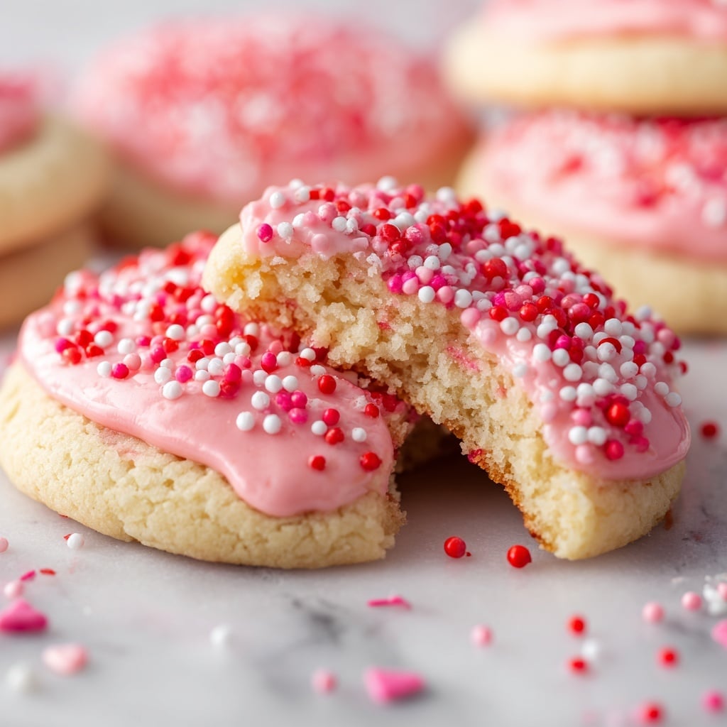 A close-up view of a bitten donut covered in small round sprinkles in pink, red, and white colors, showing the soft, light beige inside texture. On top of the donut, there is a smooth, glossy pink frosting dollop with a slightly pointed peak, which drips slightly down the sides. The donut sits on a white marbled surface with a few scattered sprinkles around it. In the background, there are more donuts with similar sprinkles and pink frosting visible. photo taken with an iphone --ar 4:5 --v 7