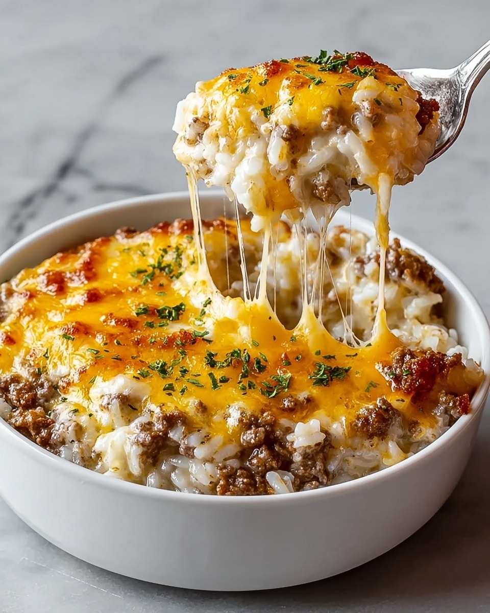 A white bowl filled with a creamy rice dish that has three visible layers: the bottom layer is mixed with small chunks of browned ground meat; the middle layer shows soft, white rice merging with the meat; the top layer is thick with melted cheese, mostly bright yellow cheddar with some areas of white mozzarella, stretching as a silver spoon lifts a portion up, with a few green parsley pieces sprinkled over for color. The bowl sits on a white marbled surface. Photo taken with an iphone --ar 4:5 --v 7