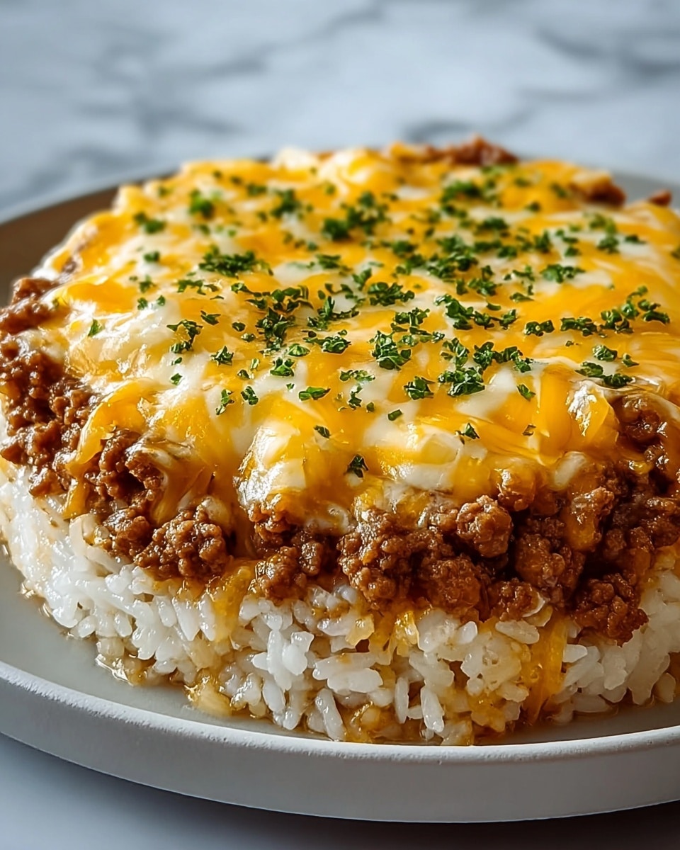 The dish shows three clear layers stacked on a round white plate placed on a white marbled surface. The bottom layer is white rice with soft, slightly sticky grains spread evenly. Above the rice is a layer of browned ground meat, cooked to a crumbly texture with a rich brown color. The top layer is a mix of melted cheddar and mozzarella cheese, creating a smooth, creamy texture with bright yellow and white colors blending together, sprinkled with finely chopped green herbs. The cheese looks warm and gooey, covering the meat and rice underneath fully. Photo taken with an iphone --ar 4:5 --v 7