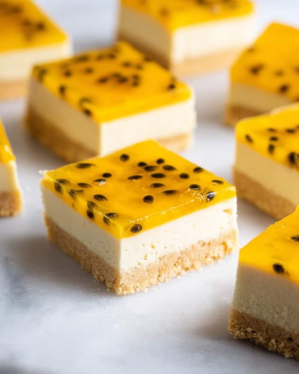The image shows several square layered dessert bars placed on a white marbled surface. Each piece has three distinct layers: a light beige crumbly base, a thick creamy off-white middle layer, and a smooth bright yellow gel-like top layer dotted with small black seeds, likely passion fruit. One piece in the center has a bite taken out, revealing the soft texture inside, and a silver fork with a white handle holds a small bite-sized piece. The lighting is soft and natural, highlighting the glossy top layer and soft textures below. photo taken with an iphone --ar 4:5 --v 7