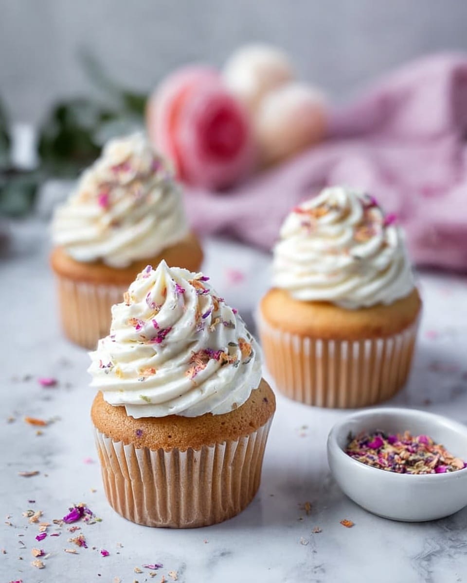 Three vanilla cupcakes sit on a white marbled surface, each with a thick, tall swirl of white cream frosting on top. The frosting is smooth and creamy, sprinkled with small, dried pink flower petals. The cupcakes have a light brown cake base with ridged paper liners. Behind the cupcakes, slightly out of focus, is a white vase holding pink and purple flowers. Photo taken with an iphone --ar 4:5 --v 7