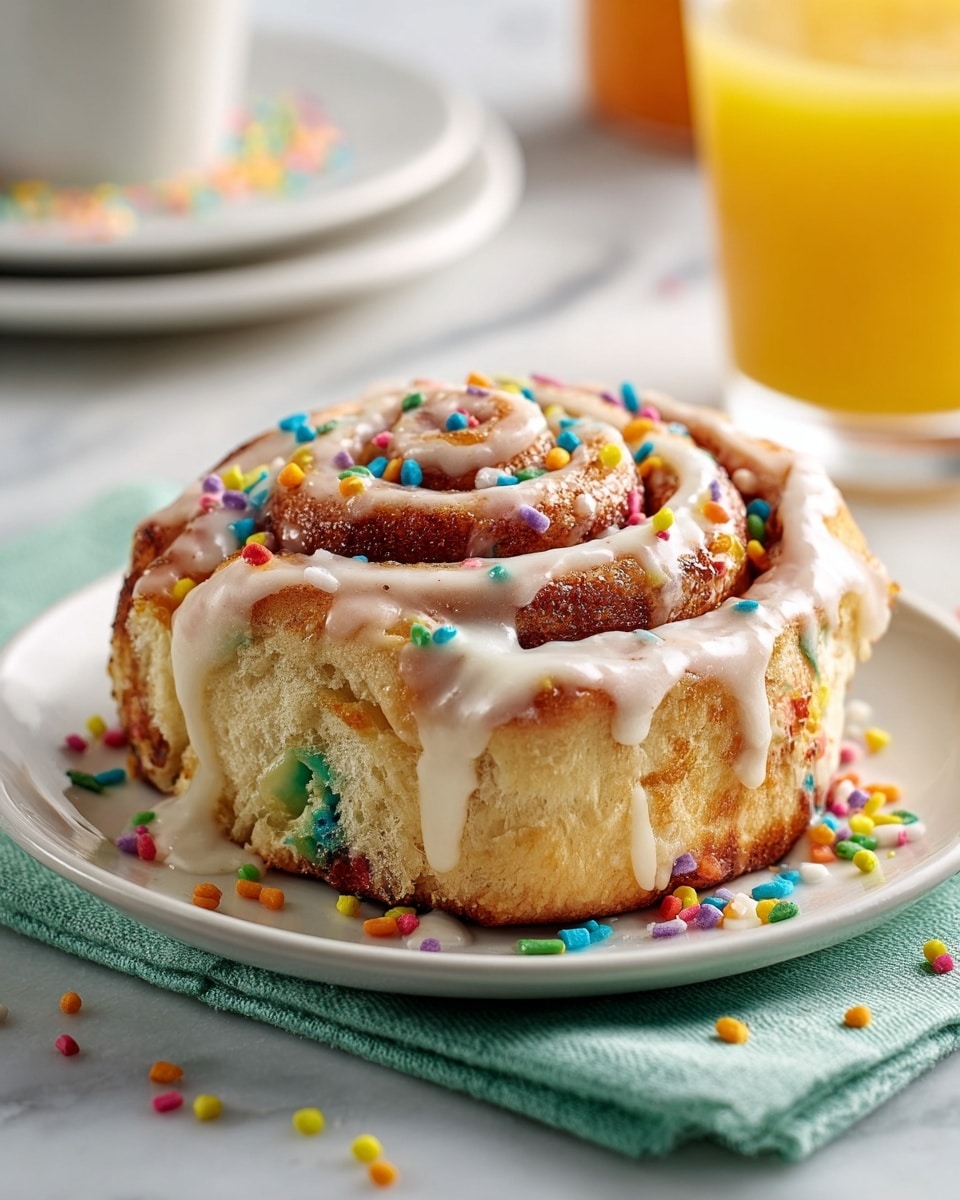 A white tray holds eight cinnamon rolls, some topped with a thick layer of creamy white frosting swirled smoothly on top and sprinkled with colorful rainbow sprinkles, while others show their golden-brown spiral dough dotted with more rainbow sprinkles and sugar. The rolls are placed on white parchment paper, and a spoon with some frosting rests nearby on a surface with a white marbled texture, along with scattered sprinkles adding a festive touch. photo taken with an iphone --ar 4:5 --v 7