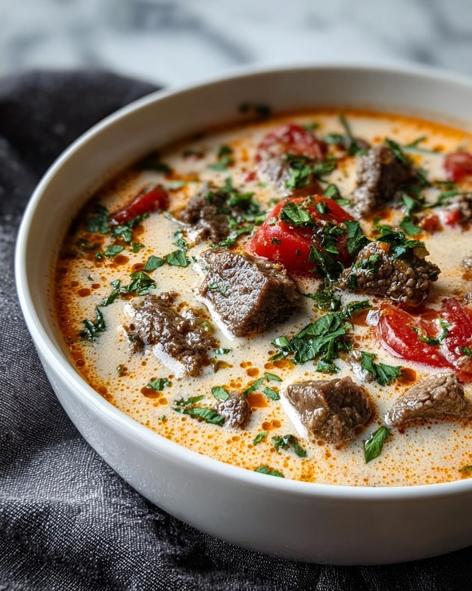 A white bowl filled with creamy soup featuring tender chunks of browned beef, pieces of orange-red tomatoes, and small yellow potatoes, all floating in a light beige broth with specks of green herbs scattered on top. The soup looks rich and slightly oily, with visible texture in the meat and vegetables. In the blurred background, there are pieces of bread inside two baskets on a white marbled surface. The overall scene is cozy and inviting, with a cloth napkin under the bowl. Photo taken with an iphone --ar 4:5 --v 7