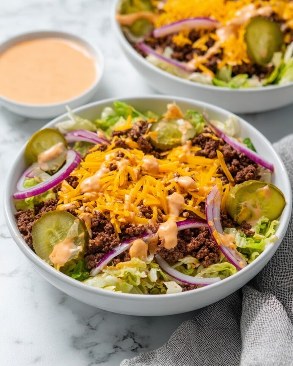 The image shows a white bowl filled with a layered cheeseburger salad on a white marbled surface. The bottom layer is green shredded lettuce, topped with dark brown crumbled cooked ground beef. On top of the beef are bright yellow shredded cheddar cheese and thin red onion slices scattered around. There are also several green pickle slices placed on different parts of the salad. The whole dish is drizzled with a creamy, light orange sauce. In the background, there is another bowl with a similar salad and a small white bowl filled with the same light orange dressing. A soft gray cloth is partially visible at the bottom. Photo taken with an iphone --ar 4:5 --v 7