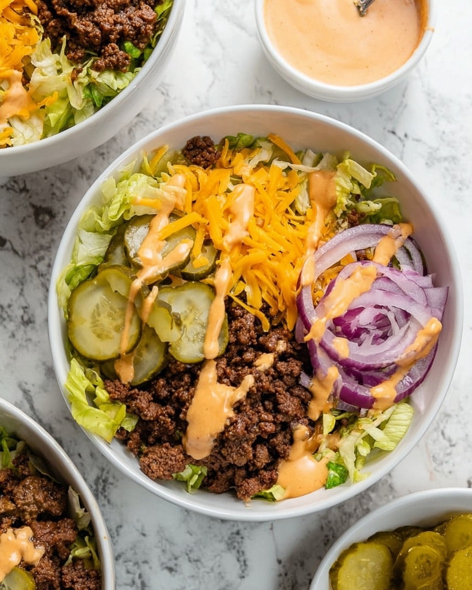 The image shows a bowl with several layers of food on a white marbled surface. At the bottom, there is a layer of shredded green lettuce. On top of the lettuce, there is a layer of cooked ground beef, dark brown in color with a crumbly texture. Over the beef, there are several slices of green pickles with visible seeds and ridges. Shredded orange cheddar cheese is sprinkled over the pickles and beef. Thin slices of purple onion are scattered on one side. A light orange creamy sauce is drizzled over all the layers, adding a smooth texture and color contrast. The bowl is white and round, and there is a small white container of the same sauce nearby on the white marbled surface. A part of another similar bowl is visible at the top left corner, and some pickles in a white bowl are seen at the bottom right. photo taken with an iphone --ar 4:5 --v 7
