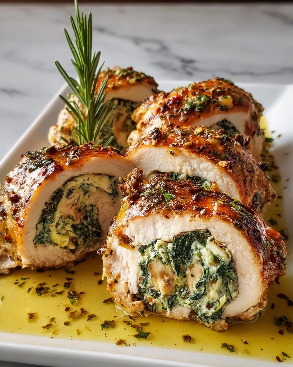 Three pieces of stuffed chicken breast sit on a wooden board, each piece cut to reveal three layers inside: a white chicken outer layer with a browned, crispy, herb-covered skin on top, a middle layer of melted yellow cheese, and a green spinach layer at the center. Each piece rests on a round pool of rich red sauce that slightly spreads under the chicken. Fresh green parsley leaves are placed around the chicken for garnish, with more finely chopped herbs sprinkled over the top. The background is softly blurred, with a white marbled texture implied beneath the wooden board. Photo taken with an iphone --ar 4:5 --v 7