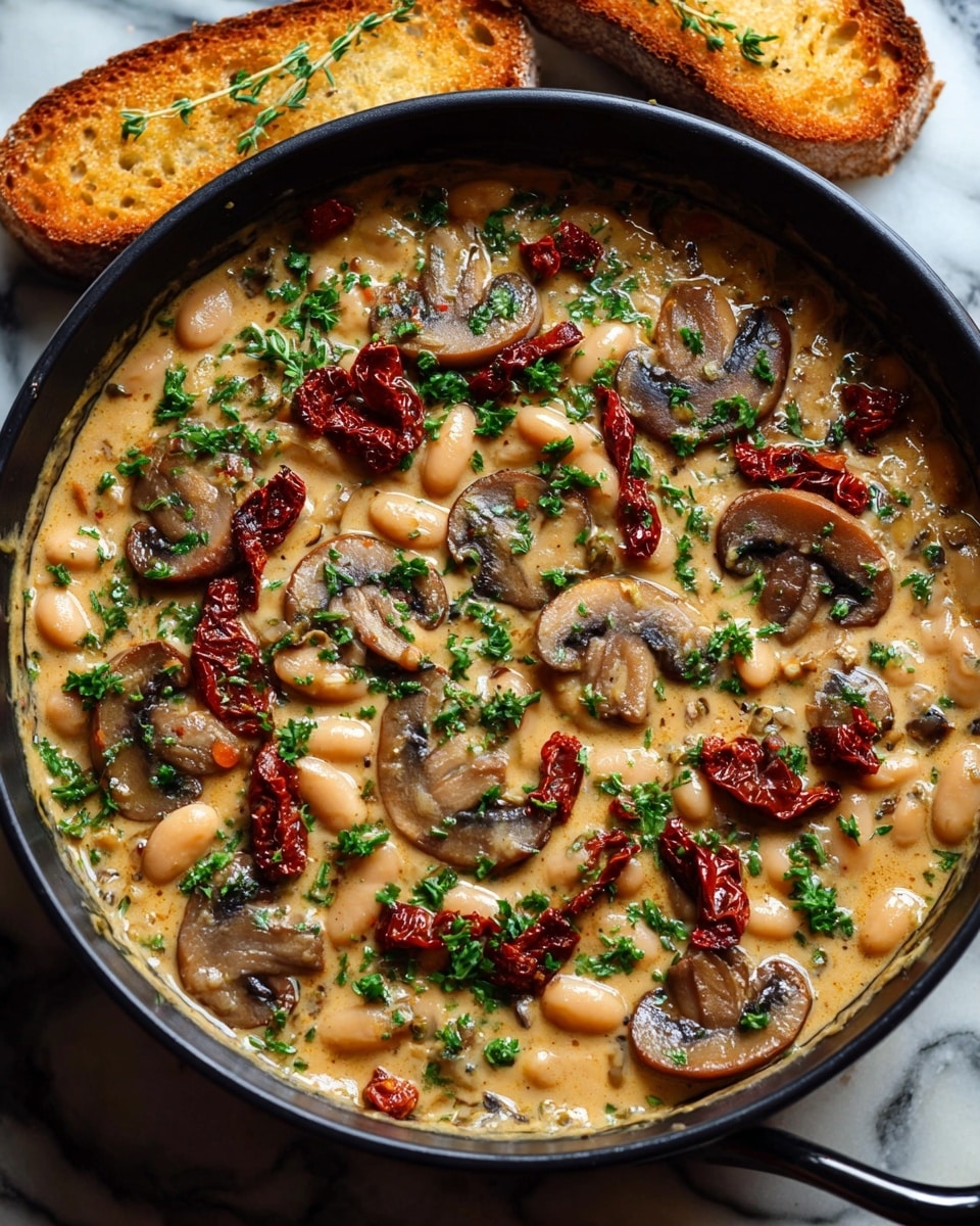 A black pan is filled with a creamy stew showing three main layers: a thick beige sauce base with a smooth texture, scattered white beans plump and shiny all over the dish, and round, brown slices of cooked mushrooms with a tender look placed evenly throughout. On top, small pieces of deep red sun-dried tomatoes and bright green chopped parsley are sprinkled, adding color contrast. Two slices of toasted bread with a golden brown crust rest beside the pan on a white marbled surface. Photo taken with an iphone --ar 4:5 --v 7