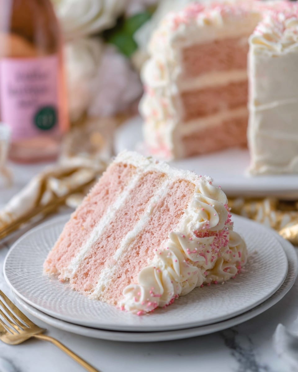 A slice of light pink layered cake sits on a white plate with a delicate textured pattern. The cake has five layers of soft, moist pink sponge separated by creamy white frosting. The outside is coated with white frosting decorated with small white and pink sprinkles along the edges. In the background, a whole cake with similar white frosting and a bottle with a pink label are slightly blurred. The scene is set on a white marbled surface with a gold and white cloth and a gold-colored fork nearby. photo taken with an iphone --ar 4:5 --v 7