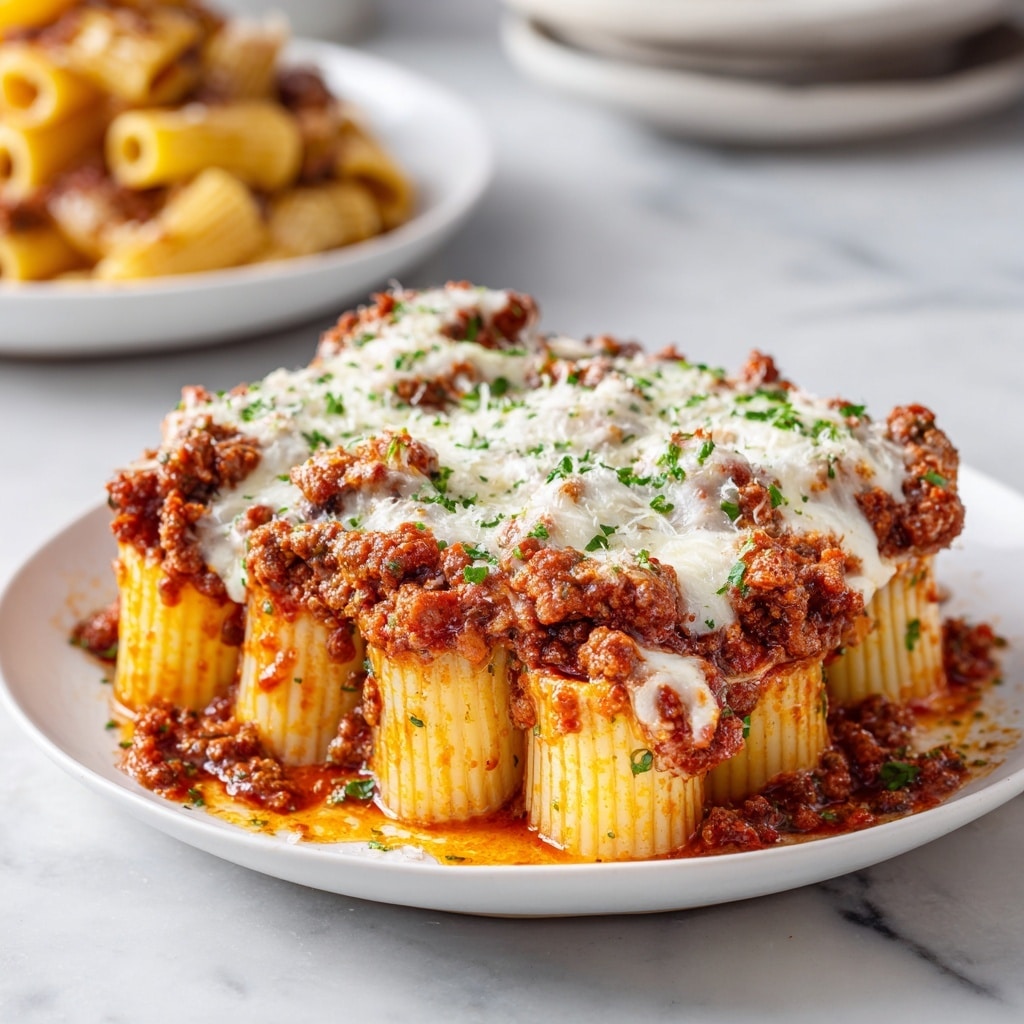 The image shows a stack of four large rigatoni pasta tubes layered with thick ground beef sauce. Each rigatoni is filled and topped with a generous amount of browned minced meat in rich reddish-brown sauce, making the pasta look juicy and tender. The top layer is covered with melted white cheese sprinkled with green herbs, creating a creamy and fresh touch. The rigatoni are placed on a white plate that rests on a white marbled surface. Photo taken with an iphone --ar 4:5 --v 7