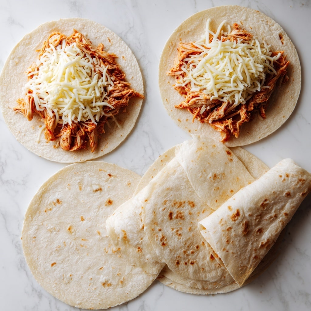 Two soft, round tortillas lie flat on a white marbled surface, each filled on one side with a layer of shredded white cheese topped with pulled, reddish-orange chicken. Below these, two tortillas are folded in half, showing a thin, light toasted texture and slight transparency from the cheese and chicken inside. The scene is simple and clean, emphasizing the soft textures of the tortillas and the contrast between the white cheese and the bright chicken. Photo taken with an iphone --ar 4:5 --v 7