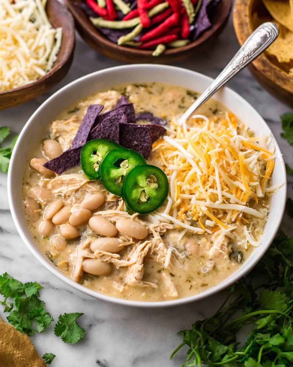 A large white pot with blue handles holds a thick creamy soup with several visible layers; the base is a light beige broth filled with shredded pale chicken pieces mixed with light tan beans and small green vegetable bits, stirred gently with a silver spoon on the right side. The pot is placed on a white marbled surface with fresh green cilantro leaves scattered around it, a stack of white plates and old silver spoons are visible in the top right background. The wood texture underneath gives a warm contrast to the white marbled surface. Photo taken with an iphone --ar 4:5 --v 7