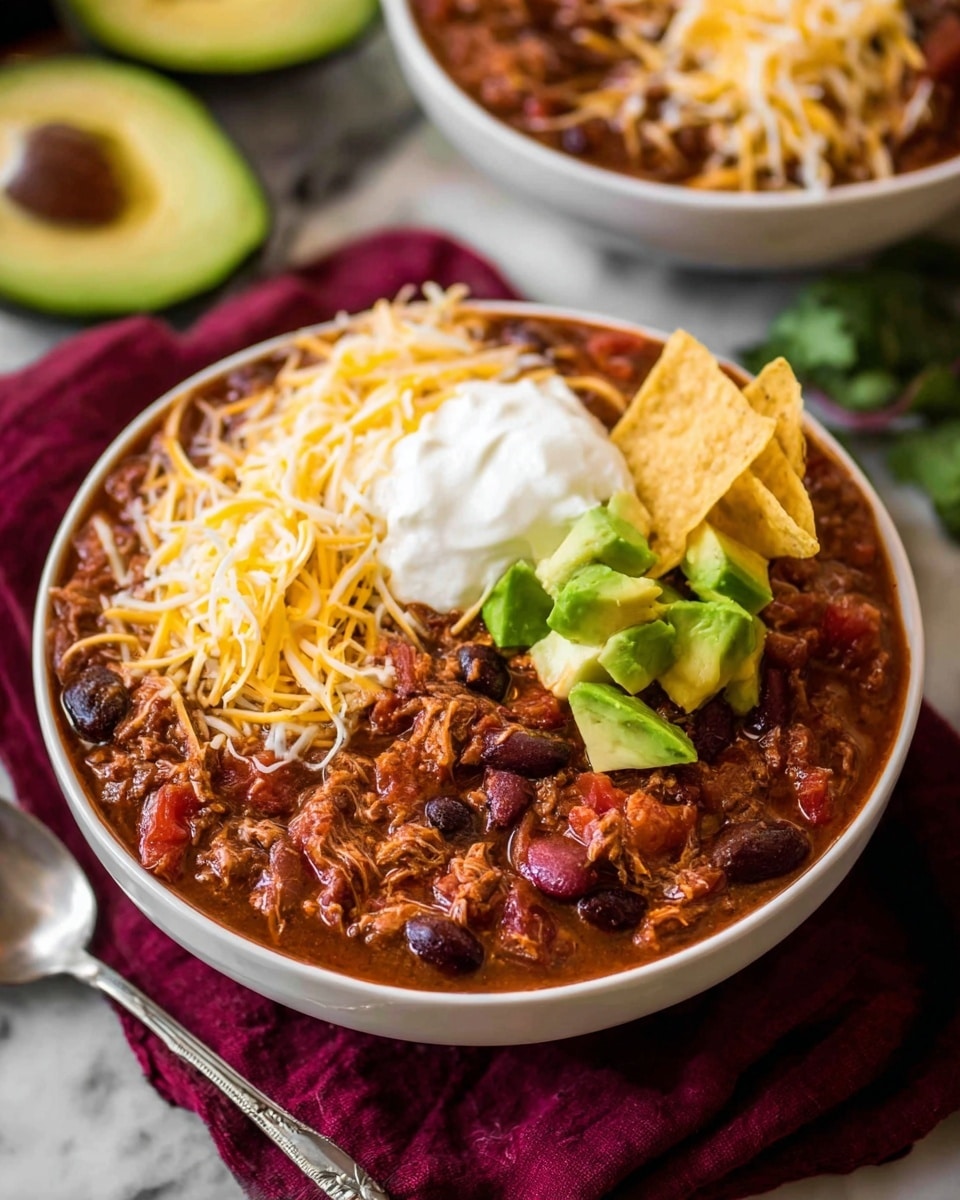 A white bowl filled with a thick chili made of shredded meat, dark red and black beans, and chunks of tomato in a rich brownish-red sauce. On top, there is a layer of shredded yellow and white cheese on one side, creamy white sour cream in the center, and bright green chunks of fresh avocado beside it. A few small crispy tortilla chips rest gently on the cheese. The bowl sits on a folded dark red cloth, and a silver spoon is partially visible on the left side. In the background, half an avocado and another white bowl filled with more chili are slightly out of focus, all placed on a white marbled surface. Photo taken with an iphone --ar 4:5 --v 7