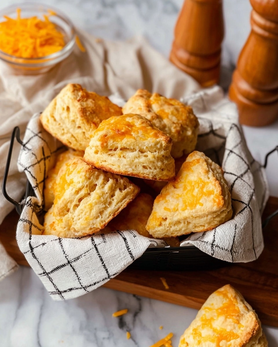 A small black basket lined with a white and black checkered cloth holds seven golden-brown scones with a slightly rough, crumbly texture. The scones have a light orange tint on top indicating melted cheese, and their shape is triangular with about two clear layers visible. The basket is placed on a wooden board against a white marbled background. In the background, there are a couple of wooden pepper mills and a small glass bowl filled with shredded orange cheese. A few scones pieces are scattered around, adding to the cozy, warm feel. Photo taken with an iphone --ar 4:5 --v 7