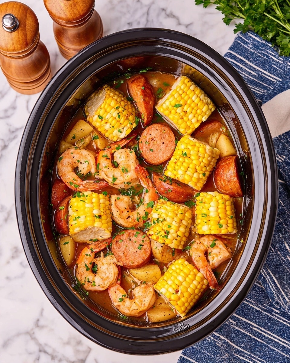 The dish is in a black slow cooker filled with a mix of ingredients. The bottom layer is a light brown broth with small green herbs sprinkled on top. Over this, there are several pieces of orange-pink cooked shrimp with curled tails, scattered evenly around the pot. Bright yellow corn on the cob cut into chunks rests on top and between the shrimp pieces. Medium brown sausage slices are placed throughout, intermingled with the shrimp and corn. Small pieces of light yellow potatoes are also visible among the other ingredients. The whole dish is garnished with small green herb pieces for color. The slow cooker sits on a white marbled surface with a blue and white striped cloth nearby, and two wooden pepper mills are visible in the background. photo taken with an iphone --ar 4:5 --v 7
