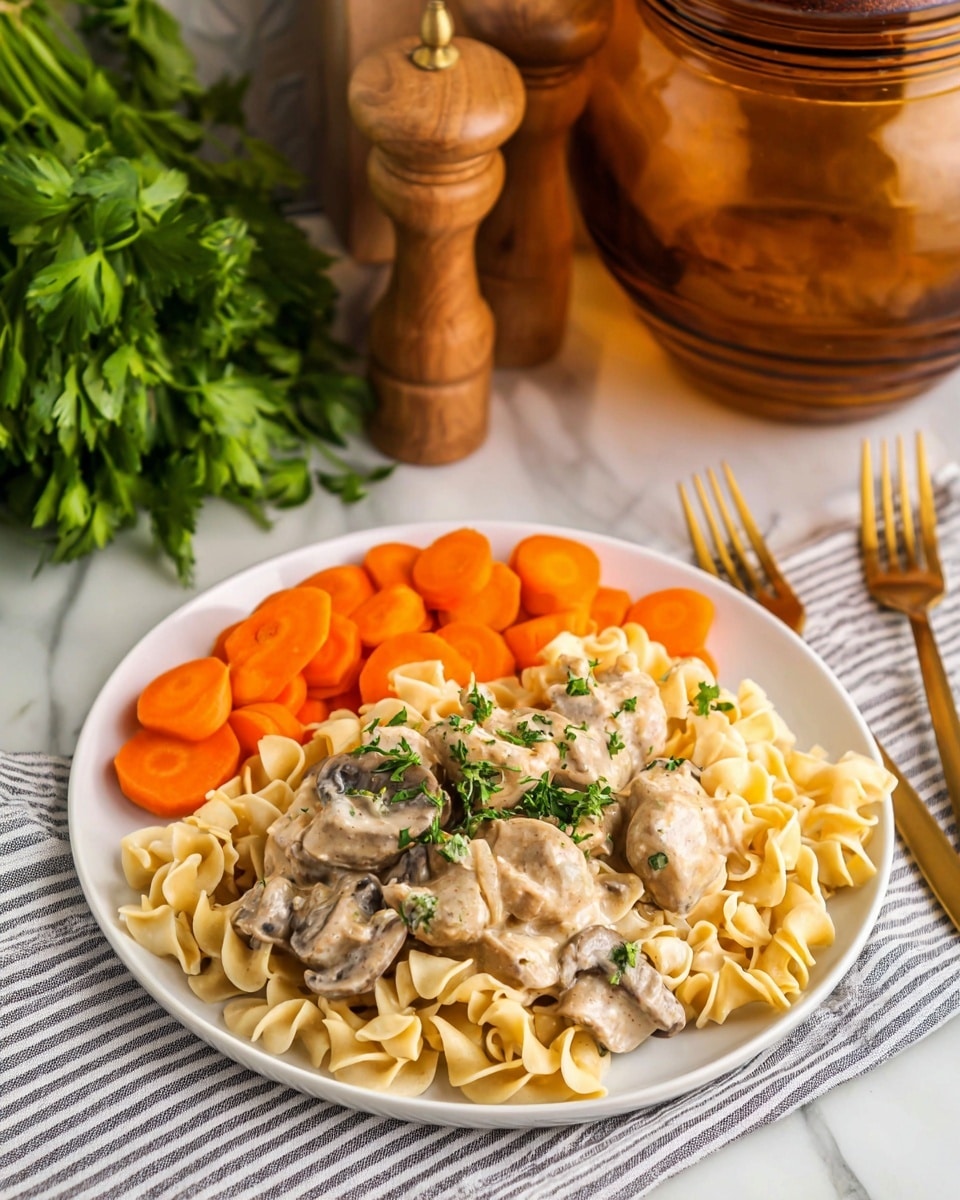 A close-up inside a black slow cooker filled with creamy beef stroganoff pasta, showing a thick layer of yellow egg noodles mixed with chunks of brown, tender beef and small pieces of mushrooms all coated in a light beige creamy sauce. The dish is garnished with sprinkled green chopped parsley on top, adding a fresh contrast to the creamy texture and colors. The inside of the slow cooker has some sauce streaks on the black surface around the edges. The background is a white marbled texture. photo taken with an iphone --ar 4:5 --v 7