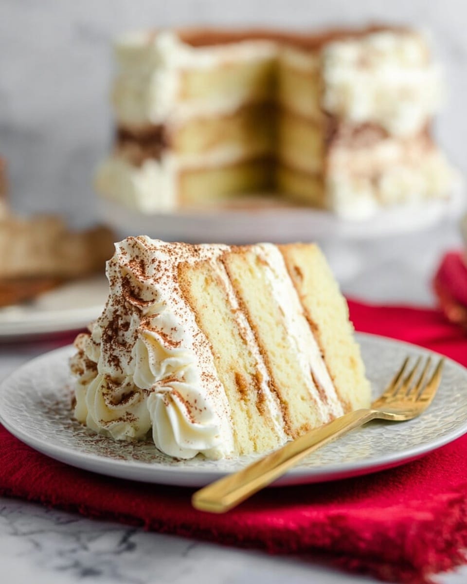 A slice of creamy layer cake with four visible layers of light yellow sponge and smooth white frosting in between each layer, resting on a white plate with a subtle pattern. The front edge of the slice has a decorative swirl of white cream dusted with brown cocoa powder. Behind the slice, a blurred whole cake shows similar layers and cream swirls on top. The plate sits on a red cloth on a white marbled surface, with a gold-colored fork placed nearby. Photo taken with an iphone --ar 4:5 --v 7