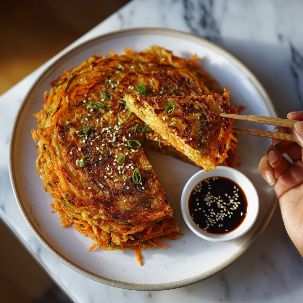 The image shows a stack of golden-brown vegetable pancakes on a large, white plate. The pancakes have visible thin orange carrot strips and green scallions woven through a crispy, browned outer layer. They are slightly overlapping each other, creating a layered circle. On the right side of the plate, there is a small white bowl filled with dark soy sauce sprinkled with white sesame seeds. The background features a white marbled surface, and the scene is lit warmly to highlight the texture and colors of the pancakes and sauce. photo taken with an iphone --ar 4:5 --v 7