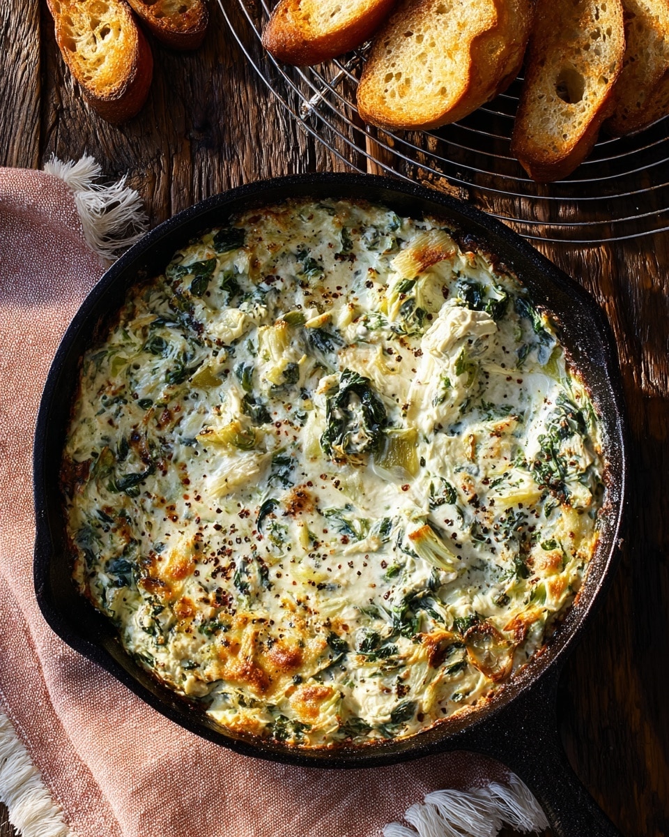 The image shows a close-up of a creamy spinach dip, thick and textured with visible green spinach leaves mixed throughout a white, cheesy base. On the right side, there are a few pale yellow artichoke hearts resting on top, adding a soft, layered look. Near the left edge of the dip, a round golden-brown cracker is partially dipped in. The dip is served in a deep white bowl with a slightly raised edge, placed on a white marbled surface. In the foreground, part of another golden cracker is visible, resting on the surface. photo taken with an iphone --ar 4:5 --v 7