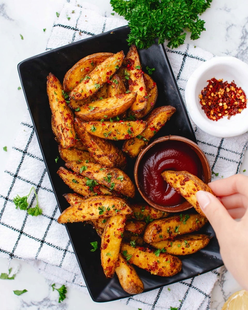 The image shows a black plate filled with crispy, golden-brown potato wedges that have a rough and crunchy texture. The wedges are seasoned with red spices and small green herbs sprinkled evenly on top. Behind the potato wedges, there is a small bowl of red ketchup placed on the same black plate. The background surface is a white marbled texture, with a white cloth featuring black stripes slightly blurred in the back. Photo taken with an iphone --ar 4:5 --v 7