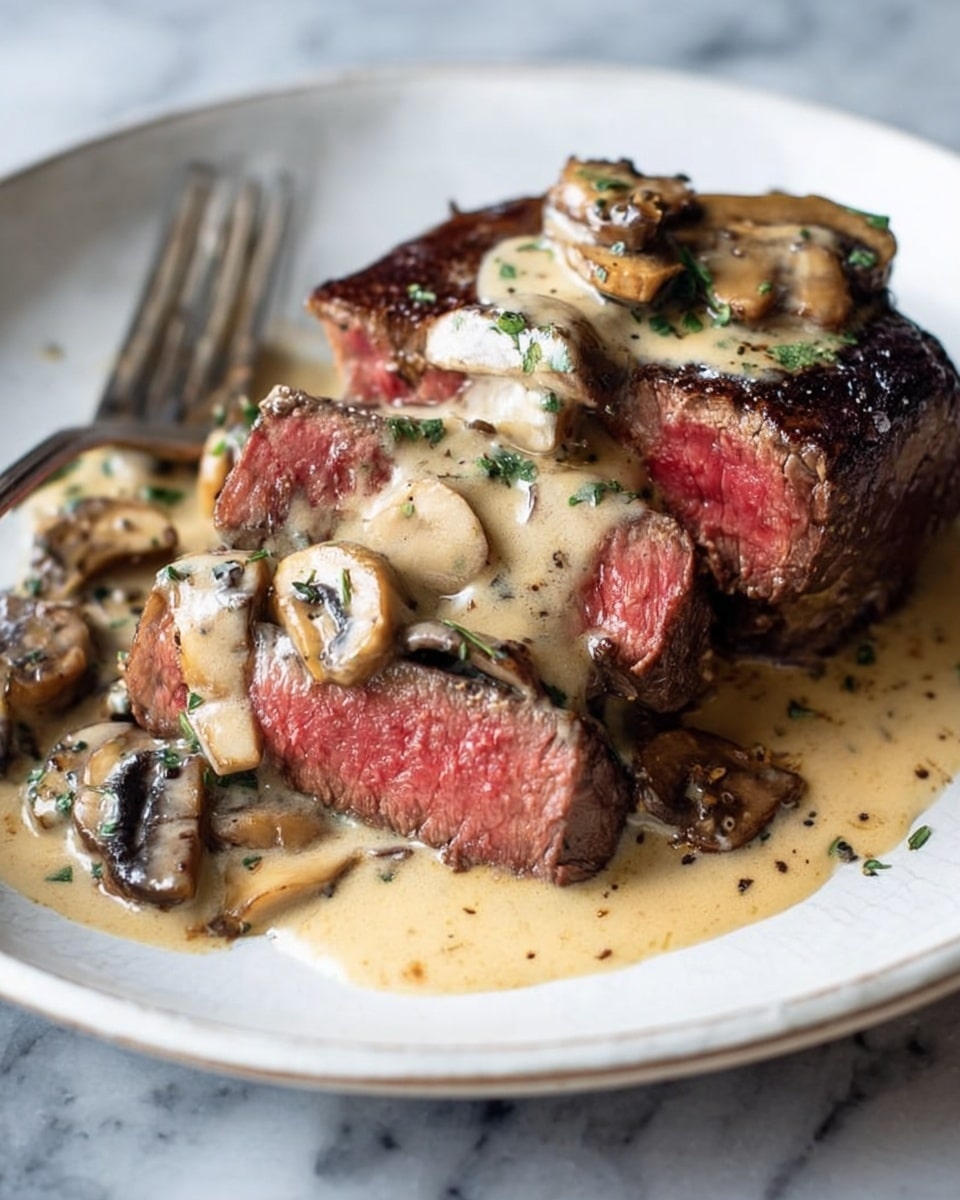 A white plate holds two thick pieces of medium-rare steak, with a juicy pink center and dark brown seared edges. The steak is sliced into three pieces layered on the plate, covered generously with a creamy beige mushroom sauce featuring small sliced mushrooms and sprinkled green herbs on top. The sauce looks smooth and rich, pooling around the steak. A silver fork rests beside the steak on the plate. The plate is placed on a white marbled surface. photo taken with an iphone --ar 4:5 --v 7