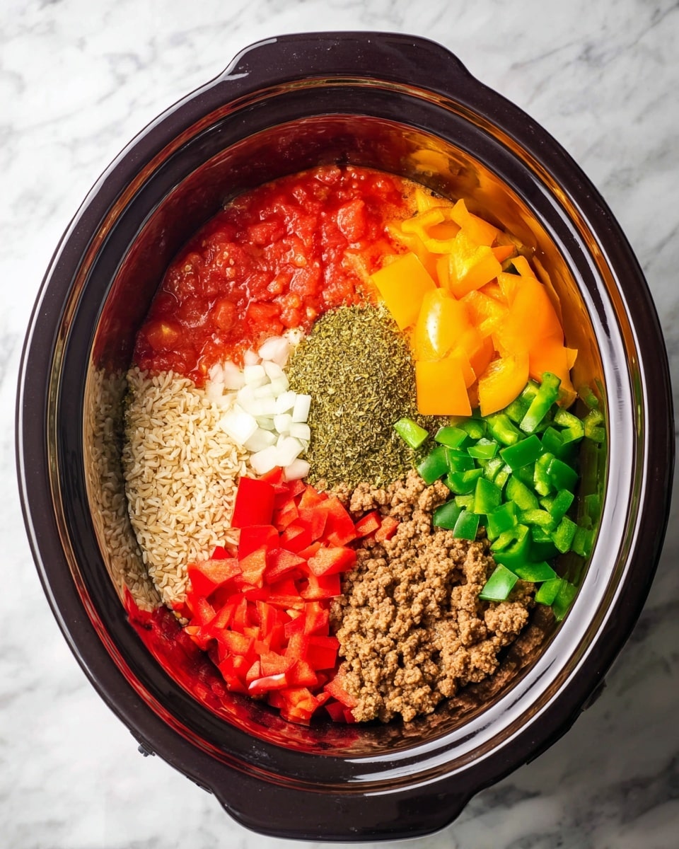 Inside a dark round slow cooker, there are six clear layers of ingredients arranged separately. At the bottom left, there is a small pile of beige rice grains. Above that, finely chopped white onions are spread, accompanied by a heap of yellow-green dried herbs. Next to these, there are bright orange-red diced tomatoes. Moving clockwise, large chunks of yellow and red bell peppers sit on top. Near the bottom right, there is cooked ground meat with a crumbly texture, and close to it, chopped green bell peppers are piled. The slow cooker rests on a white marbled surface. Photo taken with an iphone --ar 4:5 --v 7