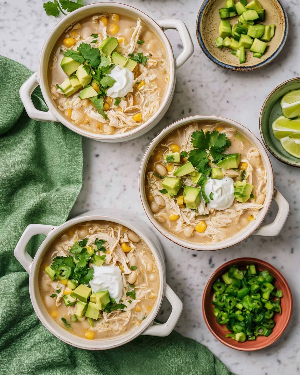 Three white pots filled with creamy chicken soup are shown on a white marbled surface. Each pot contains layers of light cream-colored broth, shredded white chicken, yellow corn kernels, and white beans. The tops are layered with green avocado chunks, bright green cilantro, pieces of jalapeño, and broken tortilla chips with a rough texture. One pot is placed on a matching white plate with a silver spoon on the side. Around the pots are a small white bowl of tortilla chips, a wooden bowl with lime wedges, a small turquoise bowl of chopped cilantro, and an orange bowl holding chopped green jalapeño pieces. A textured light green cloth is also visible near the bottom left corner. Photo taken with an iphone --ar 4:5 --v 7