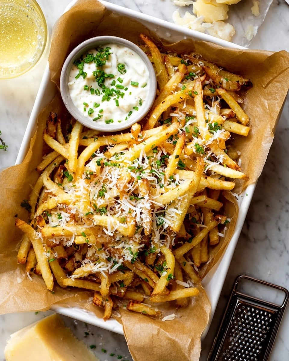 A white rectangular tray lined with brown parchment paper holds a pile of golden, crispy French fries topped with shredded white cheese and small green herbs, scattered evenly over the fries. On the left side of the tray sits a small round white bowl filled with creamy white dipping sauce garnished with chopped green herbs. The tray is placed on a white marbled surface with a glass of light yellow drink partially visible in the top left corner, and a block of cheese with a small black grater just below the tray. Photo taken with an iphone --ar 4:5 --v 7