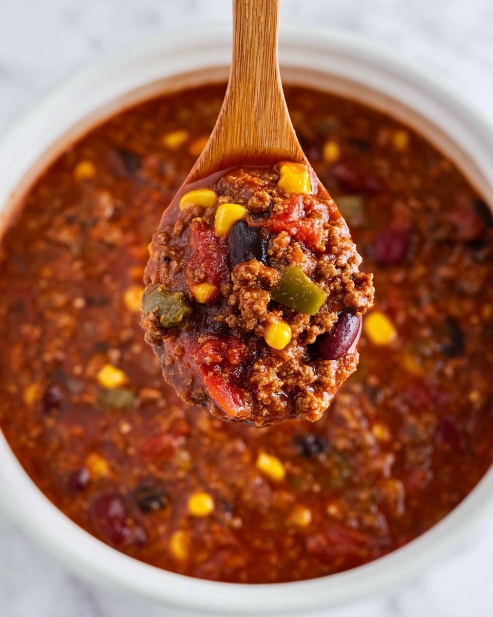 A close-up view of a thick chili soup served in a white bowl on a white marbled surface, showing a wooden spoon lifting a scoop of the chili. The chili is rich red-brown with visible layers of ground meat, yellow corn kernels, black beans, kidney beans, and green bell pepper pieces mixed in a textured, slightly chunky sauce. The chili fills the bottom of the bowl, with the wooden spoon centered vertical, lifting a dense spoonful full of colorful ingredients. Photo taken with an iphone --ar 4:5 --v 7