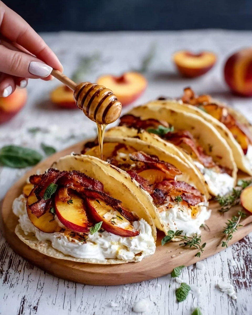 A wooden board holds six small folded flatbreads, each filled with three main layers: at the base, a soft beige flatbread; in the middle, whipped white cream piped in spots; and on top, glazed caramelized golden-orange peach slices paired with crispy reddish-brown bacon pieces, garnished with tiny green herb leaves. Around the board are halved fresh peaches showing their bright yellow and orange flesh with one displaying a pink pit, and a wooden honey dipper with honey rests nearby. The whole scene is set on a white marbled surface. photo taken with an iphone --ar 4:5 --v 7