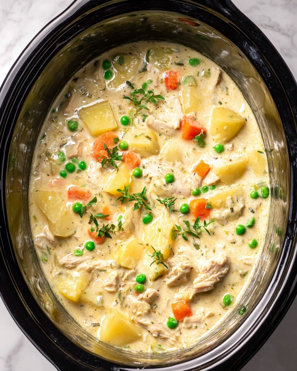The image shows a creamy chicken stew inside a black slow cooker with a shiny surface reflecting light. The stew has a thick, pale yellow creamy base with visible pieces of chicken that are light beige and tender-looking. There are bright green peas scattered throughout, along with orange carrot chunks, pale yellow potato pieces, and bits of celery. Small green herb leaves are sprinkled over the top for garnish. The slow cooker rests on a white marbled surface. photo taken with an iphone --ar 4:5 --v 7